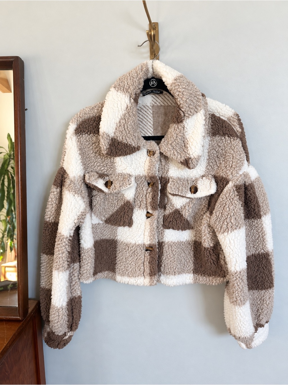 SHEIN Plaid Sherpa Cropped Jacket Size S Brown Cream Teddy Shacket